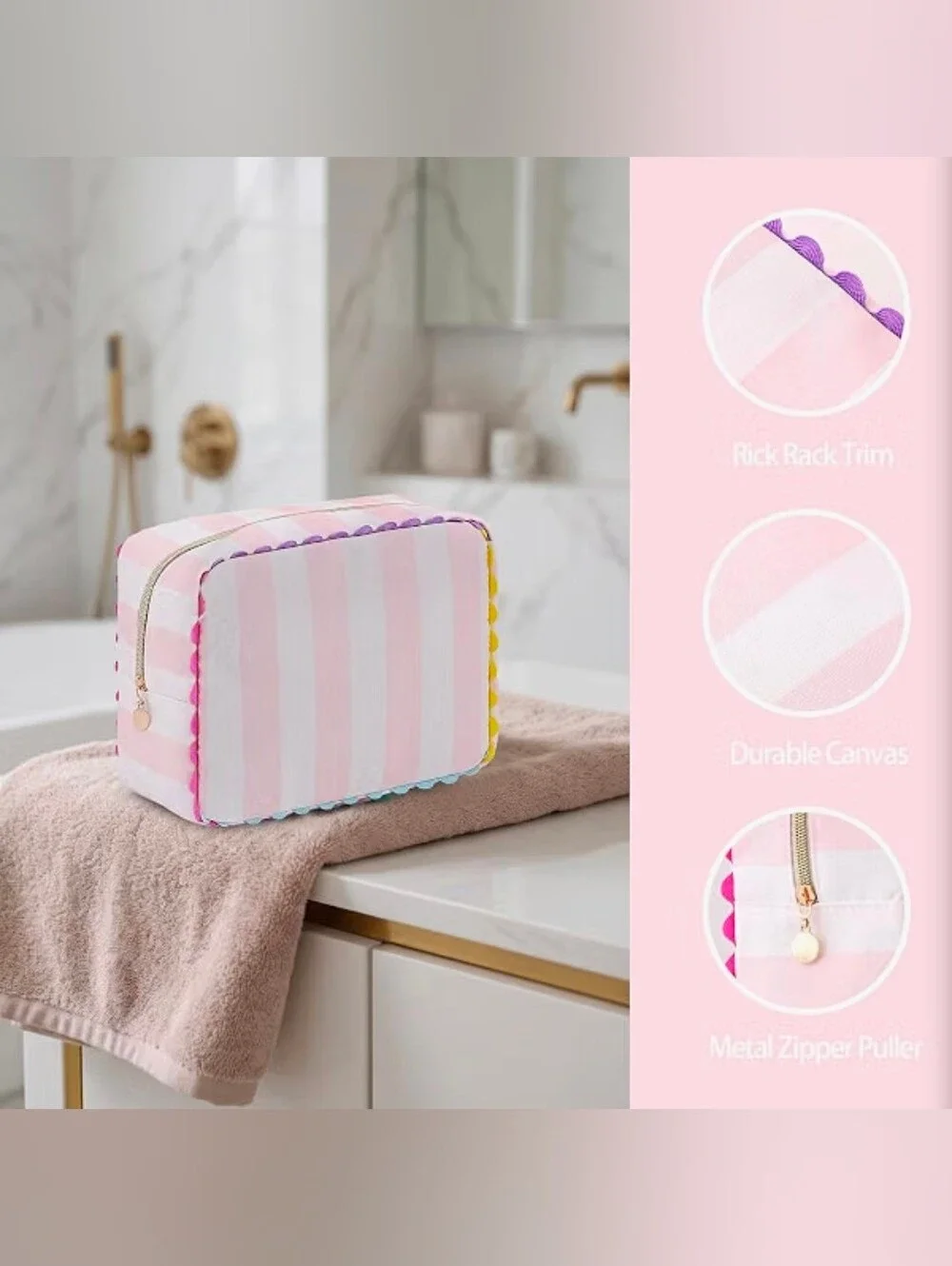 Striped Pink & White Makeup Bag W. Zipper | NEW WITH TAGS |